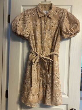 Sam Edelman Eyelet Dress Cream & White Puffed Sleeves Lined Belted Pockets Sz 8